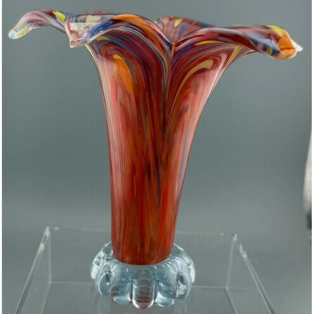 Vintage Murano Vetro Eseguito Vase Art Glass Multicolor Tulip Scalloped Base 6.5